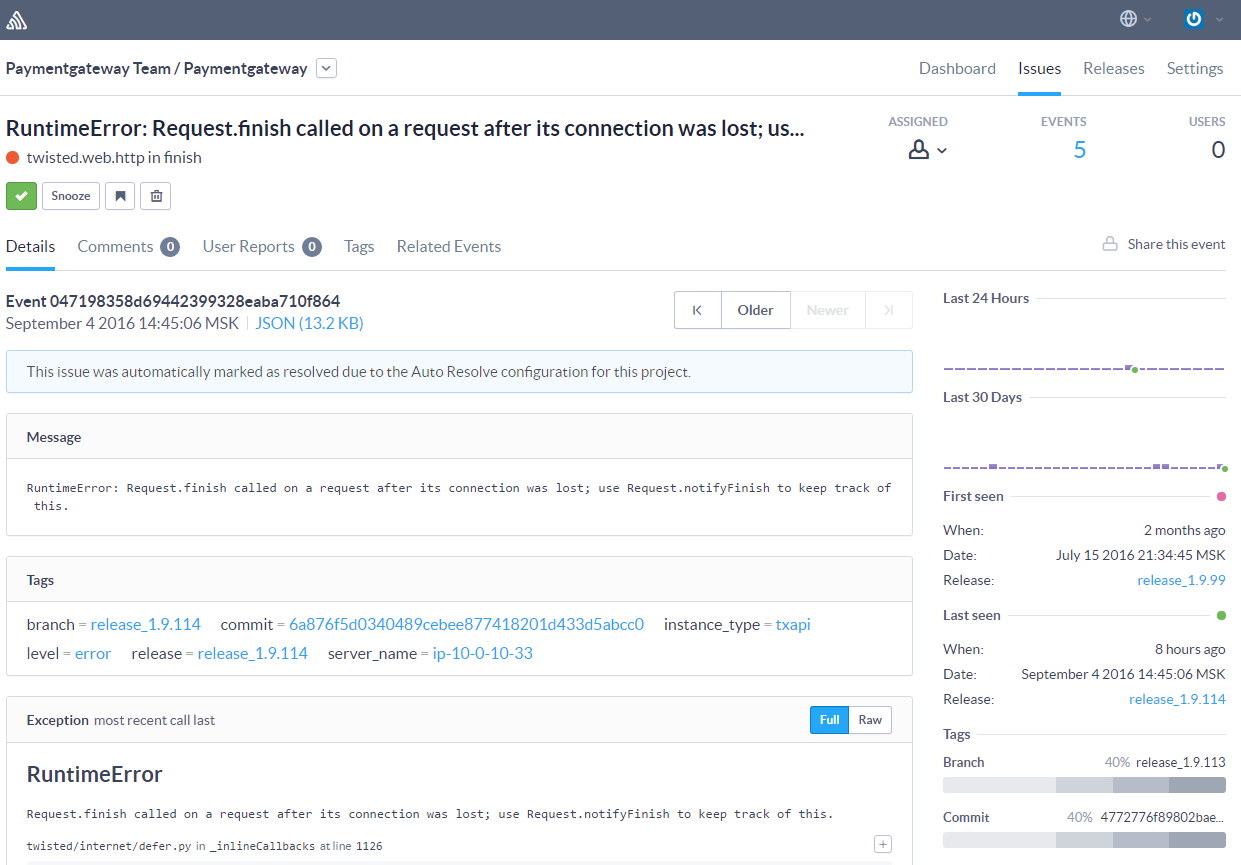 An example of automatic error notification in Sentry